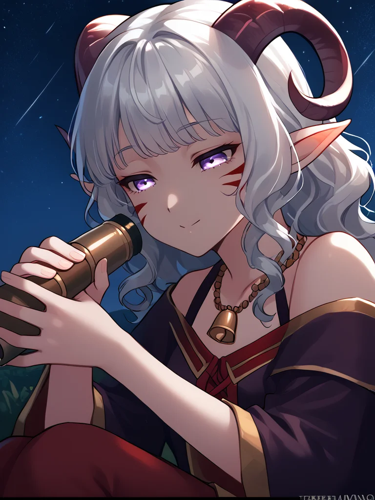 close up, source_furry, score_7_up, rating_safe, night sky, sitting,
anime face,<lora:whisker_markings:0.8>red whisker_markings, silver long wavy hair, bell necklace, short pointy ears, purple eyes, <lora:age_slider_v4:0.6>
<lora:Smooth Style 2 SDXL_LoRA_Pony Diffusion V6 XL:0.3>
<lora:Test_Diana:0.8> tiefling_bard_diana, <lora:INKxXmo shaded face:0.4> INKxXmo Dark Theme, Shaded Face ,
<lora:hand_telescope:1>hand_telescope, holding_telescope