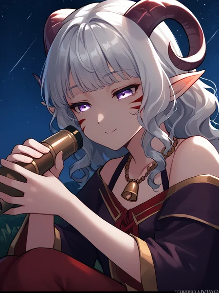 close up, source_furry, score_7_up, rating_safe, night sky, sitting,
anime face,<lora:whisker_markings:0.8>red whisker_markings, silver long wavy hair, bell necklace, short pointy ears, purple eyes, <lora:age_slider_v4:0.6>
<lora:Smooth Style 2 SDXL_LoRA_Pony Diffusion V6 XL:0.3>
<lora:Test_Diana:0.8> tiefling_bard_diana, <lora:INKxXmo shaded face:0.4> INKxXmo Dark Theme, Shaded Face ,
<lora:hand_telescope:1>hand_telescope, holding_telescope