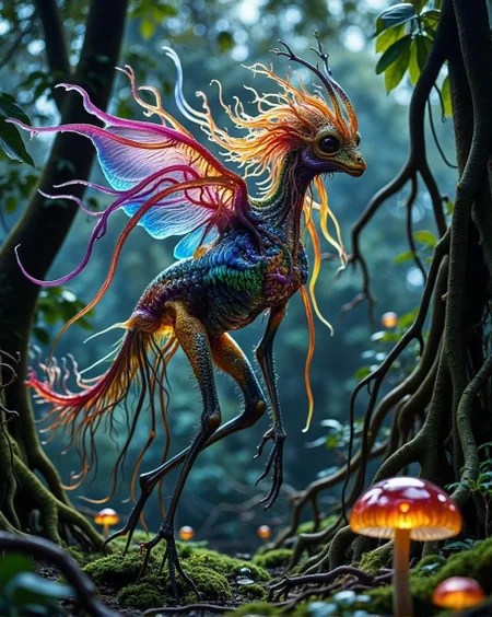 <lora:168C07DADBF648CD292F8B67B084FDA1F6CB23256C7DF00736A7DBCECE5654CB.safetensors:1> gloss-dark
In the heart of the lush, enchanted forest of Gao, a peculiar and enchanting creature moves with a grace that defies the ordinary. This being, a marvel of nature and magic, is adorned with long, sinuous limbs that stretch and bend like the most agile of vines. Its body is cloaked in a tapestry of feathers, each one a vibrant hue of the rainbow, shimmering with an otherworldly glow that seems to dance with the light filtering through the dense canopy above.
The forest around the creature is a symphony of mist and motion. Wisps of ethereal fog curl around ancient trees, creating a mystical veil that hides and reveals in equal measure. Petals from unseen flowers drift lazily through the air, landing softly on the creature's feathers, adding a touch of whimsy to the scene. The ground beneath is a carpet of lush green, dotted with bioluminescent mushrooms that cast a gentle, warm glow, illuminating the creature's path.
This vision is captured in the intricate and mesmerizing style of Fulani beadwork, an art form that is both ancient and timeless. The vibrant colors of the feathers are rendered in intricate patterns of glass beads, each one carefully placed to create a tapestry of intricate designs. The long, flowing limbs are depicted with graceful curves, their movement suggested by the subtle gradations of color and the interplay of light and shadow.
The background is a rich tapestry of natural elements, from the gnarled roots of ancient trees to the delicate petals that flutter through the air. The mist is rendered in subtle gradients of white and silver beads, while the bioluminescent mushrooms are captured in a montage of glowing blues and greens. The overall effect is a harmonious blend of the fantastical and the natural, creating a scene that is both unique and eye-catching, a true masterpiece of Fulani beadwork.