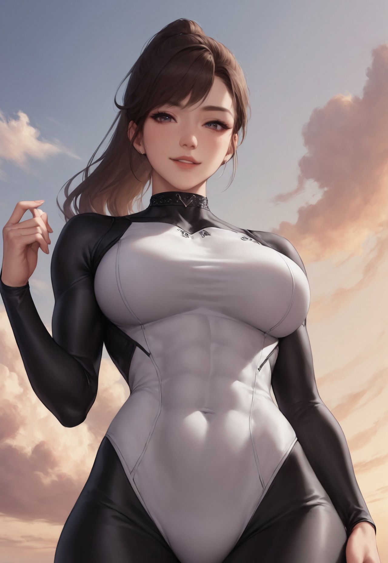 Score_9, Score8_up, Score_7_up, (((High Resolution, Best Quality))), Manhwa style
1girl, solo, Tattoos, sourced_anime, toned arms, 
large breasts, ponytail, bodysuit, choker, 
seducing, seductive, flirty, tender, loving, smirk, 
shooting range, outside, Cloudy Sky,
From below, cowboy shot,