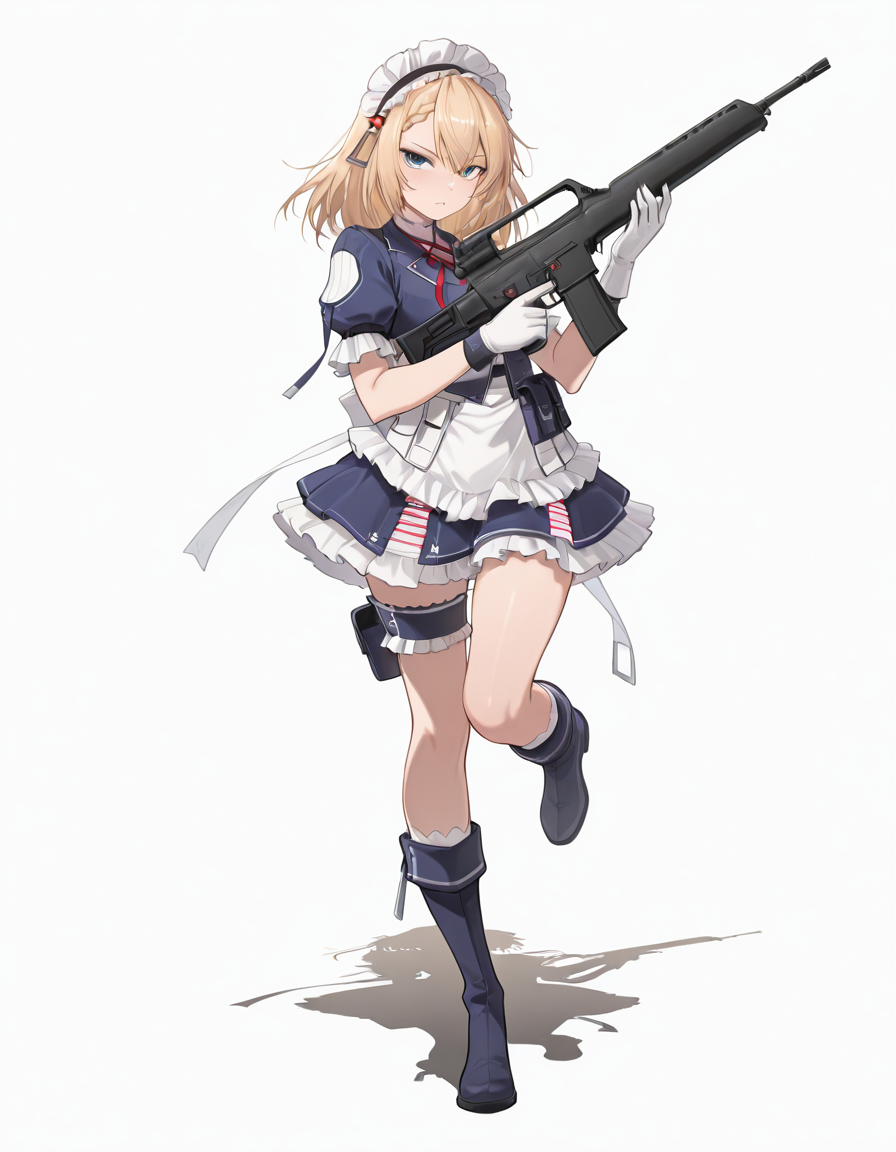 Volumetric Lighting, (masterpiece), (best quality), (ultra-detailed), masterpiece, source_anime, score_9, score_8_up, score_7_up BREAK, illustration, disheveled hair, detailed eyes, perfect composition, moist skin, intricate details, detailed eyes, detailed face, detailed fingers BREAK, G36,blonde hair, blue eyes, braided bangs, medium hair BREAK, Centauressi, ctr_dress, ctr_headdress, ctr_jacket, ctr_gloves, ctr_maid_apron, ctr_skirt, ctr_maid_headdress, ctr_boots, ctr_bridal_garter, ctr_pouch BREAK, looking at viewer, simple background, white background, full body, weapon, medium hair, holding weapon, gun, standing on one leg, holding gun, rifle, assault rifle, trigger discipline, explosive, magazine (weapon), grenade, heckler & koch,shadow