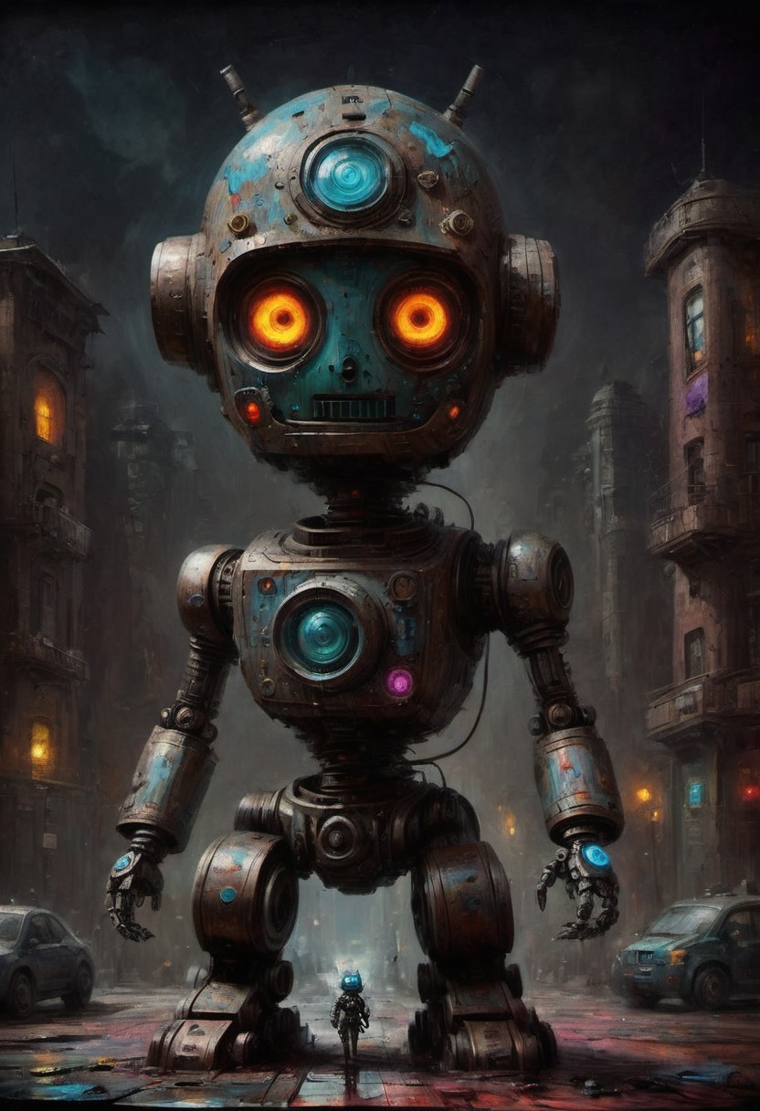 drkkaw, award winning painting of a futuristic robot, dystopian cyberpunk city, high quality macro photo, 10k high resolution, vibrant colors, 4k high resolution, high quality macro photo