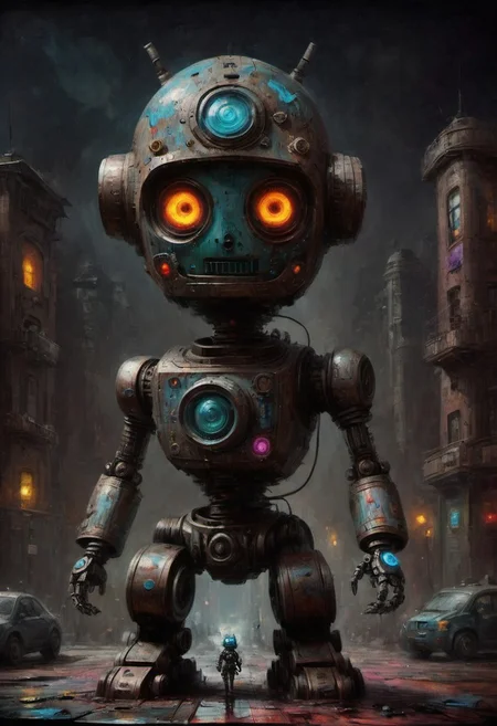 drkkaw, award winning painting of a futuristic robot, dystopian cyberpunk city, high quality macro photo, 10k high resolution, vibrant colors, 4k high resolution, high quality macro photo
