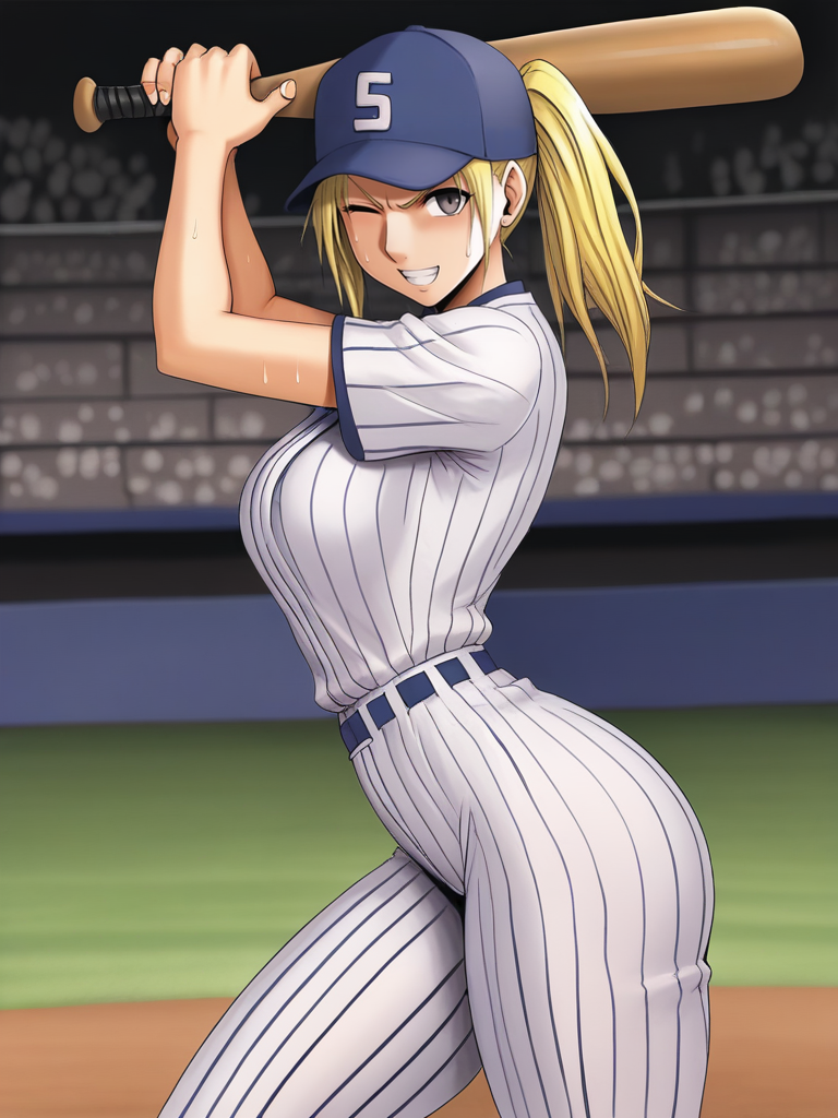 score_9, score_8_up, score_7_up,, 
girl holding a baseball bat, stadium, sweat, cap, baseball uniform, medium breasts, narrow waist, wide hips, thick thighs, looking at viewer, cowboy shot, dynamic pose, cute, wide shot, solo, sexually suggestive, light smile, one eye closed, angry, from side,
 <lora:ACrimsonComics_Style:1>, CrimsonXL