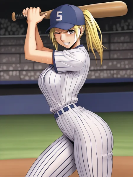 score_9, score_8_up, score_7_up,,
girl holding a baseball bat, stadium, sweat, cap, baseball uniform, medium breasts, narrow waist, wide hips, thick thighs, looking at viewer, cowboy shot, dynamic pose, cute, wide shot, solo, sexually suggestive, light smile, one eye closed, angry, from side,
<lora:ACrimsonComics_Style:1>, CrimsonXL