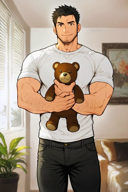 score_9, score_8_up, score_7_up, rating_safe, lineart, flat color, 1boy, bara, solo, male focus, mature male, short hair, black hair, brown eyes, facial hair, stubble, muscular, looking at viewer, cowboy shot, smile, standing, white t-shirt, black pants, teddy bear, stuffed toy, holding stuffed toy, hugging object, indoors, living room <lora:OIS Bara Style 6 LoRA_Pony XL v6:0.7>