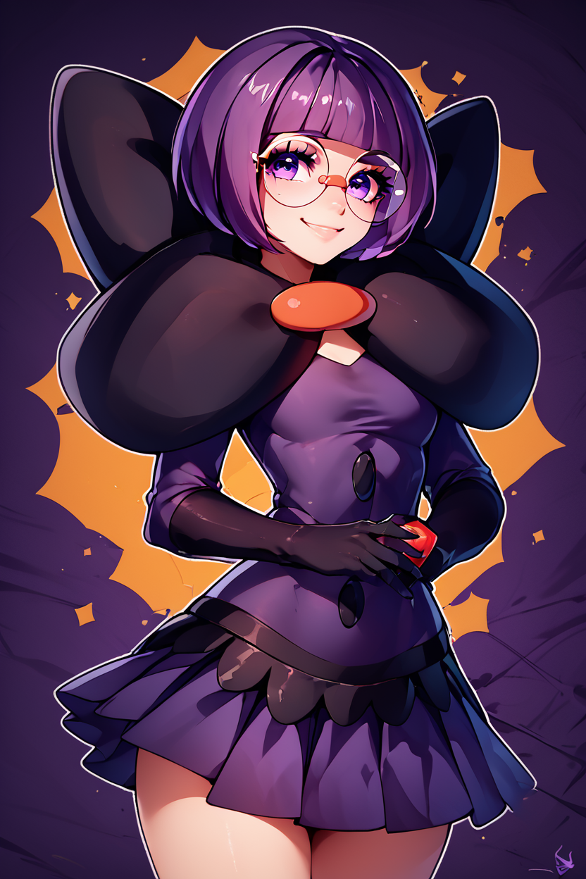 score_9, score_8_up, score_8, medium breasts, (curvy), cute, eyelashes,       ,,, , ,,, zzShauntal, purple eyes, bob cut, glasses, round eyewear, short hair, blunt bangs, purple hair, elbow gloves, purple skirt, skirt, bow, dress, large bow, <lora:Shauntal_Pokemon_PDXL:1.0>,  ,,,, BREAK, smile, looking at viewer, ,,, abstract background, white outline, cowboy shot, ,,, embedding:zPDXL, Expressiveh, ,,, <lora:CatalystStylePDXL:0.6>, <lora:SDXLFaeTastic2400:0.5>, <lora:Expressive_H-000001:0.4>,