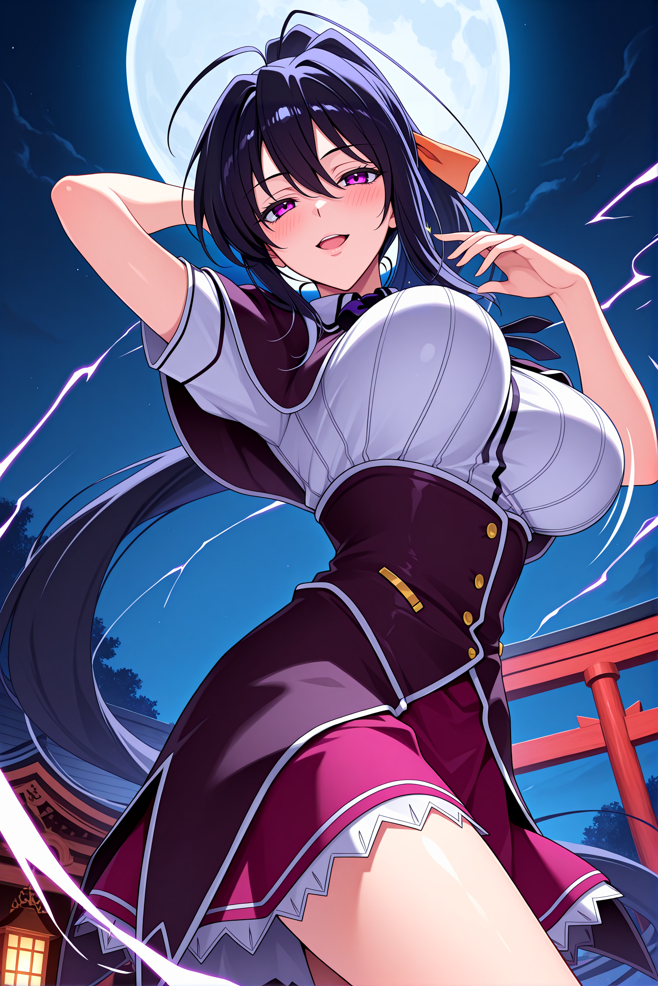 masterpiece, best_quality, high_details, 1girl, solo,
<lora:P-IL-Akeno:1>, 4k3n0, black hair, orage hair ribbon, purple eyes, ponytail, very long hair, hair between eyes, bangs, ahoge,
kuoh academy school uniform, underbust, skirt, short sleeves, school uniform, shirt, corset,
large breasts, open mouth, seductive smile, blush,
(breasts in motion), dynamic pose, (((jojo pose))), motion blur, (bouncy:1.3), (bouncing breasts:1.2),
dimly lit shrine, mystical atmosphere, sacred torii gate, night sky, moon, thunder, electricity, sparks, ethereal glow,