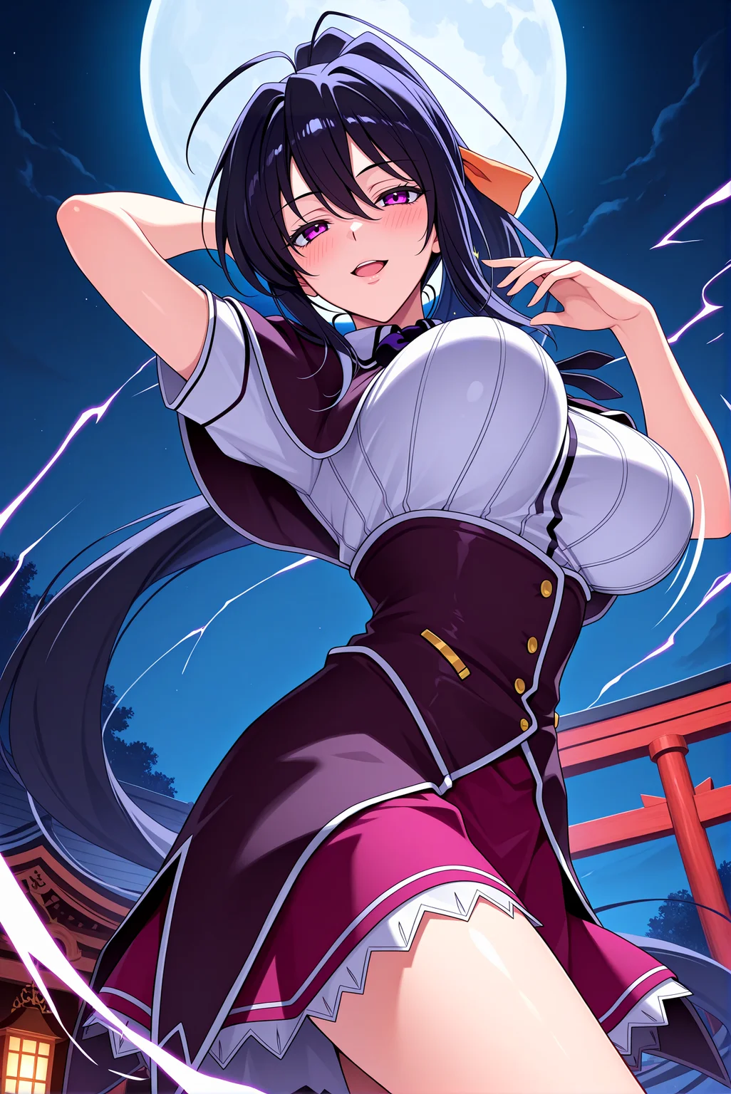 masterpiece, best_quality, high_details, 1girl, solo,
<lora:P-IL-Akeno:1>, 4k3n0, black hair, orage hair ribbon, purple eyes, ponytail, very long hair, hair between eyes, bangs, ahoge,
kuoh academy school uniform, underbust, skirt, short sleeves, school uniform, shirt, corset,
large breasts, open mouth, seductive smile, blush,
(breasts in motion), dynamic pose, (((jojo pose))), motion blur, (bouncy:1.3), (bouncing breasts:1.2),
dimly lit shrine, mystical atmosphere, sacred torii gate, night sky, moon, thunder, electricity, sparks, ethereal glow,