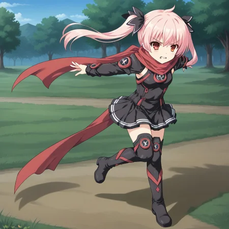 1girl, solo, oukashadowgear, pink hair, long hair, twintails, hair ribbon, red eyes, scarf, dress, thigh boots, standing, outdoors, serious, full body, clenching teeth, running, arms behind back, arms straight, arms, outstretched arms, intense, dynamic pose, meme, from side