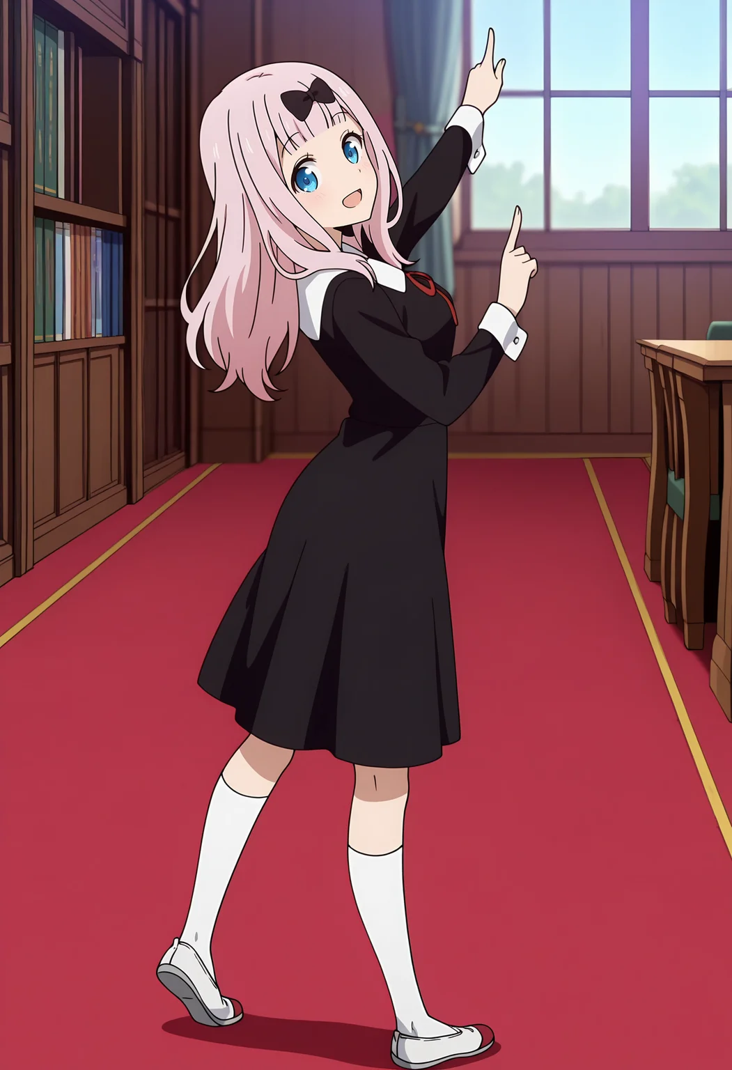 anime screencap, masterpiece, best quality,
<lora:Kaguya-samaWaKokurasetai_FujiwaraChika_IlluXL:0.9>,
1girl, solo, light smile, open mouth, blush,
blunt bangs, long hair, pink hair, blue eyes, hair bow, black bow,
white collar, neck ribbon, red ribbon, medium dress, black dress, long sleeves,
kneehighs, white socks, uwabaki,
standing, pointing up, w arms, from side, arched back, legs apart, full body, looking at viewer,
indoors, desk, bookshelf, window, red carpet, couch, photo background, blurry background