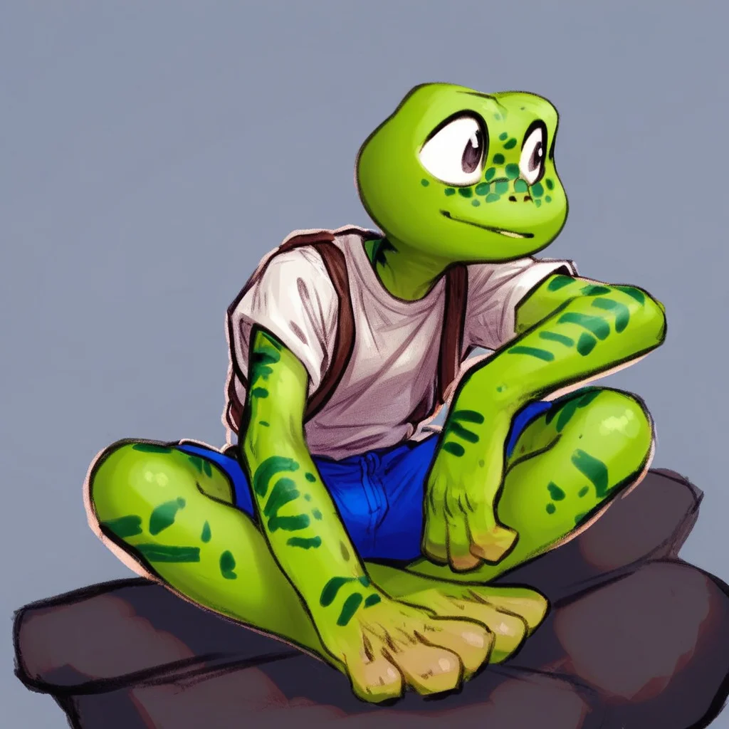 Frogger, anthro, frog, green skin, freckles, white shirt, blue shorts, sitting, score_9, score_8_up