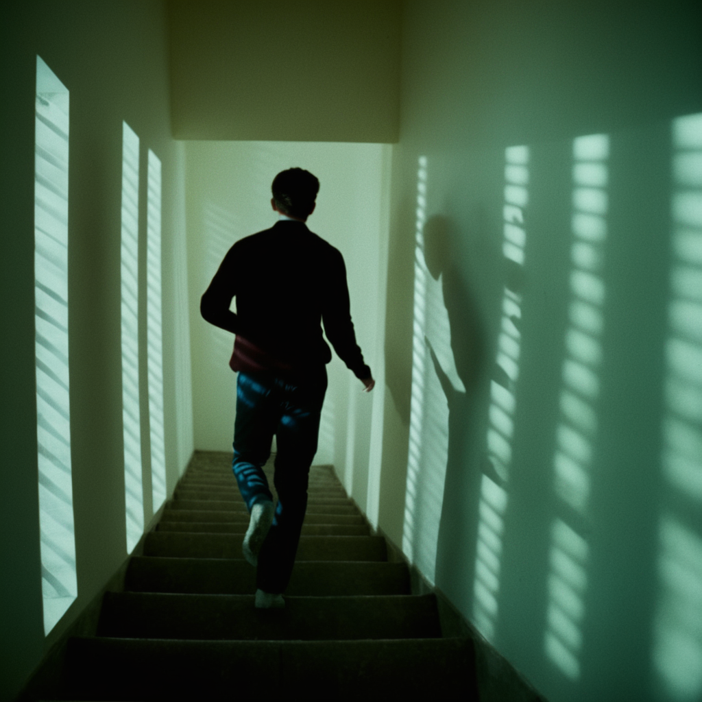 cinematic film still of  <lora:casting shadow style v2:1>
A cucoloris patterned illumination casting a vertical window shadow on a person running down a set of stairs,solo,shirt,1boy,standing,male focus,pants,indoors,window,sunlight,scenery,stairs,cinematic,film,filmic,casting shadow,venetian blinds casting shadow light,shadow on face,face partially covered in shadow,different shadow,window casting shadow light,cinematography,detailed,detailed background,detailed face,high quality,8k,cuculoris,kookaloris,cookaloris or cucalorus,light modifier,different light pattern,creative light,unique shadow , casting shadow style, shallow depth of field, vignette, highly detailed, high budget, bokeh, cinemascope, moody, epic, gorgeous, film grain, grainy