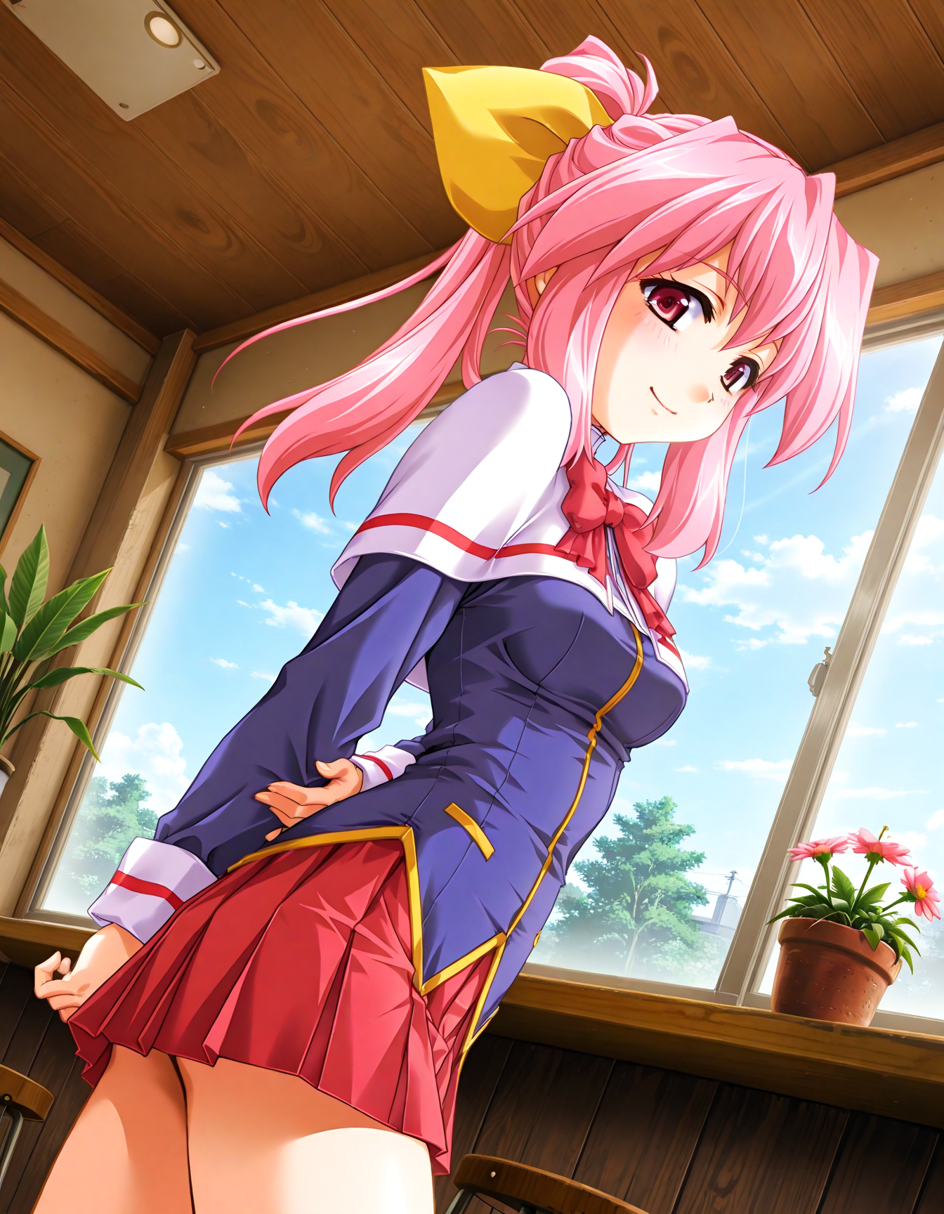 (1girl, solo:1.3), (2girls, 3girls, 4girls, multiple girls, 2boys, 3boys, 4boys, multiple boys:-1.5) <lora:Inuyama_Tsumugi_Dokusen_Illustrious:0.9>, inuyama_tsumugi, medium breasts, red eyes, pink eyes, pink hair, long hair, ponytail, hair bow, hair ribbon, yellow ribbon, school uniform, long sleeves, wrist cuffs, white capelet, capelet, red bowtie, bowtie, red skirt, pleated skirt, miniskirt smile, (tongue out:0.7), (half-closed eyes:0.7), general, contrapposto, dynamic pose, arms behind back, portrait, from side, from below, dutch angle, indoors, cafeteria, cafe, wooden stool, plant, potted plant, flower, (perspective:0.7), <lora:NOOB_EPSv1_1_detailer_by_vlnvk_v1_0:1.5>, (photo background:0.7), evening, (tachibana yuu:0.6), inue shinsuke, (kazuma muramasa:0.0), saikawa yusa, (aoi manabu:0.6), abarerumidori, (suzui narumi:0.6), masterpiece, newest, absurdres, 8K, anime screenshot, anime coloring, flat color, official art, film grain, <lora:illustriousXLv01_stabilizer_v1.185c:0.7>, <lora:LECO_Solo:-4.0>,