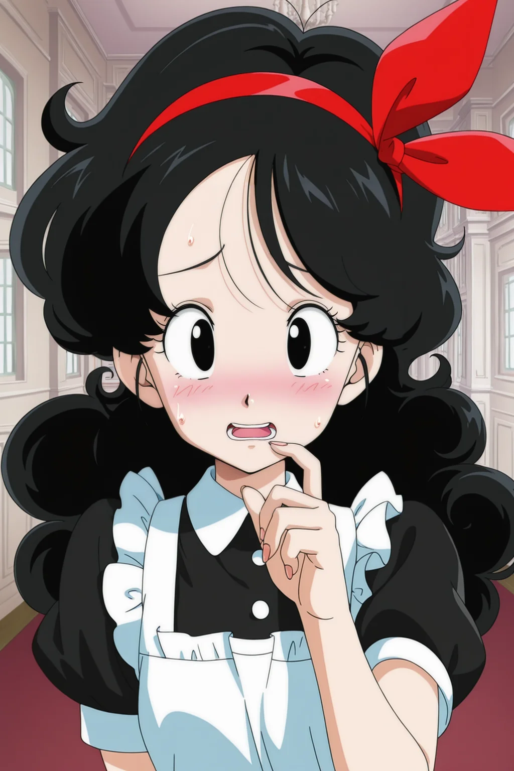 anime screencap, absurdres, high quality, official style,
launch good, official style, 1girl, solo, long hair, looking at viewer, blush, open mouth, indoors, black hair, mansion, short sleeves, hair ribbon, upper body, red hairband, hand up, sweatdrop, black eyes, apron, black dress, fingernails, maid, eyelashes, portrait, curly hair, finger to cheek, collared dress, nervous, teeth
<lora:Launch_IL:0.8>