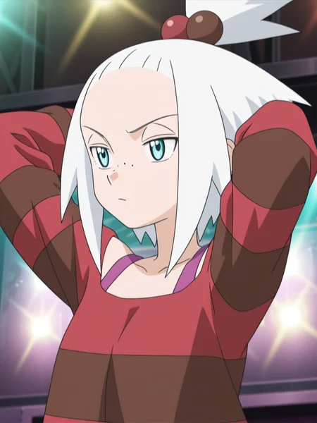 1girl, hands behind head, stage, upper body, looking at another, 
 <lora:roxie_2_pe:1>
Roxi5,
blue eyes,pale skin, freckles, 
white hair, tied in a high,spiky ponytail ,hair ornament, red and brown hair bobbles,
pink vest top,
loose dress, striped dress,red and brown striped,, masterpiece, high quality, absurdres, best quality, very aesthetic, newest,