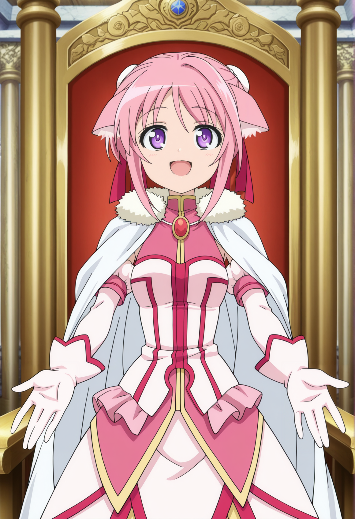 anime coloring, 1girl, pink hair, double bun, bun cover, ribbon, dog ears, purple eyes, pink dress, sleeveless, detached sleeves, gloves, outdoors, fur-trimmed cape, outstretched arms, smile, open mouth, smug, indoors, throne room, standing <lora:biscotti_dd:1>, masterpiece, best quality, amazing quality, very aesthetic, absurdres, highres, newest