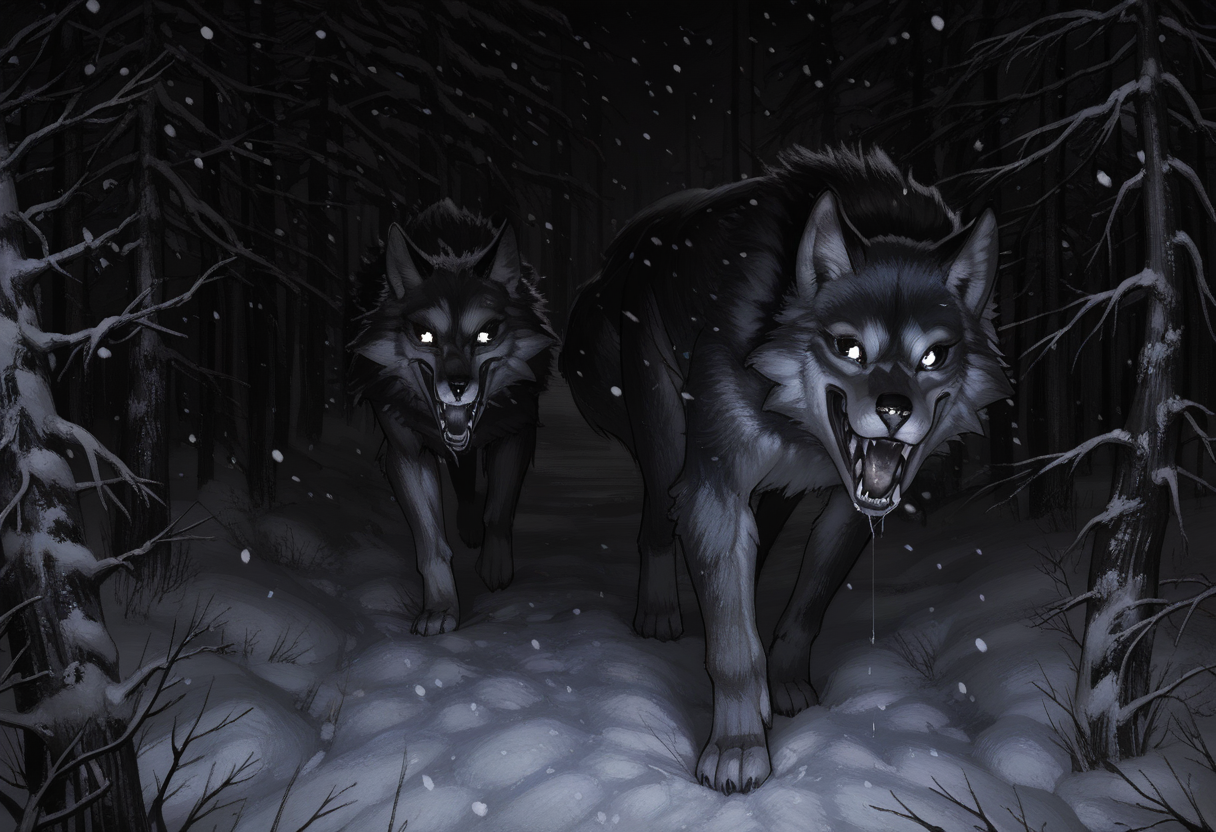 Graphic Design, greyscale, monochrome, intricate details, high contrast, detailed background, beautiful detailed, beautiful face, detailed eyes, detailed face, new, z41ch1k, animal focus, wolf, walking, sharp teeth, saliva, open mouth, glowing eyes, no humans, scenery, very aesthetic, forest, night, winter, snow, snowing, from side, looking at viewer, (masterpiece, best quality, newest, recent, absurdres), 