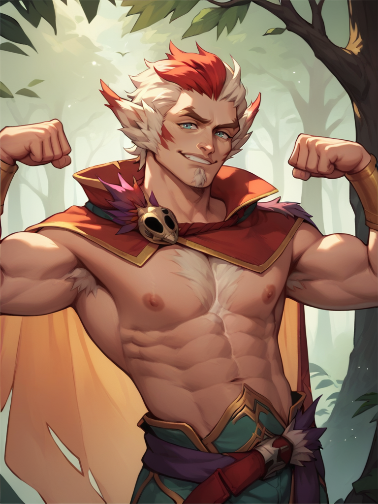 score_9, score_8_up, score_7_up, score_6_up, portrait of R4kan man, multicolored hair, cape, goatee,  <lora:R4kan-000002:1>, shirtless, flexing, forest background