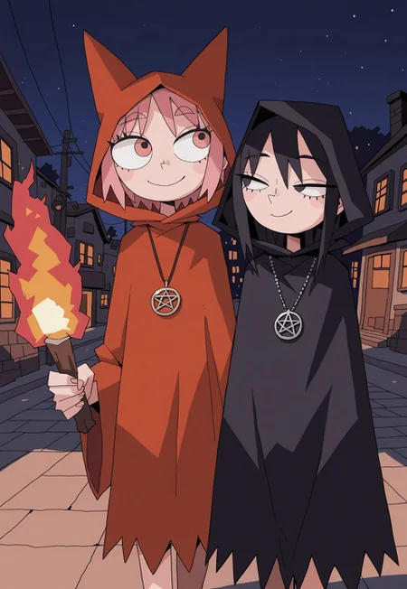 masterpiece, best quality, very aesthetic, 0huton_illu,
duo, cowboy shot, walking, side-by-side, holding torch, hooded cloak, hood up, smile, looking at another, pentagram necklace, night, burning building