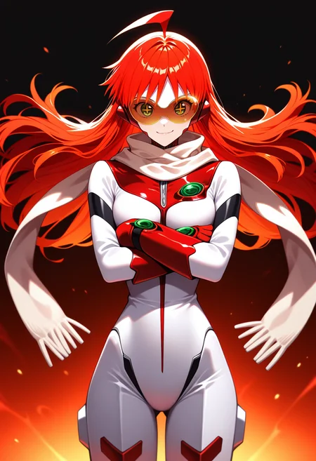 masterpiece,best quality,amazing quality,
1girl,
gnb_nono, red hair, orange hair, long hair, floating hair, ahoge, cross-shaped pupils, tinted eyewear, lower lip, white scarf, white bodysuit, red gloves, narrow waist, crossed arms, cowboy shot, looking at viewer, confident, smile,