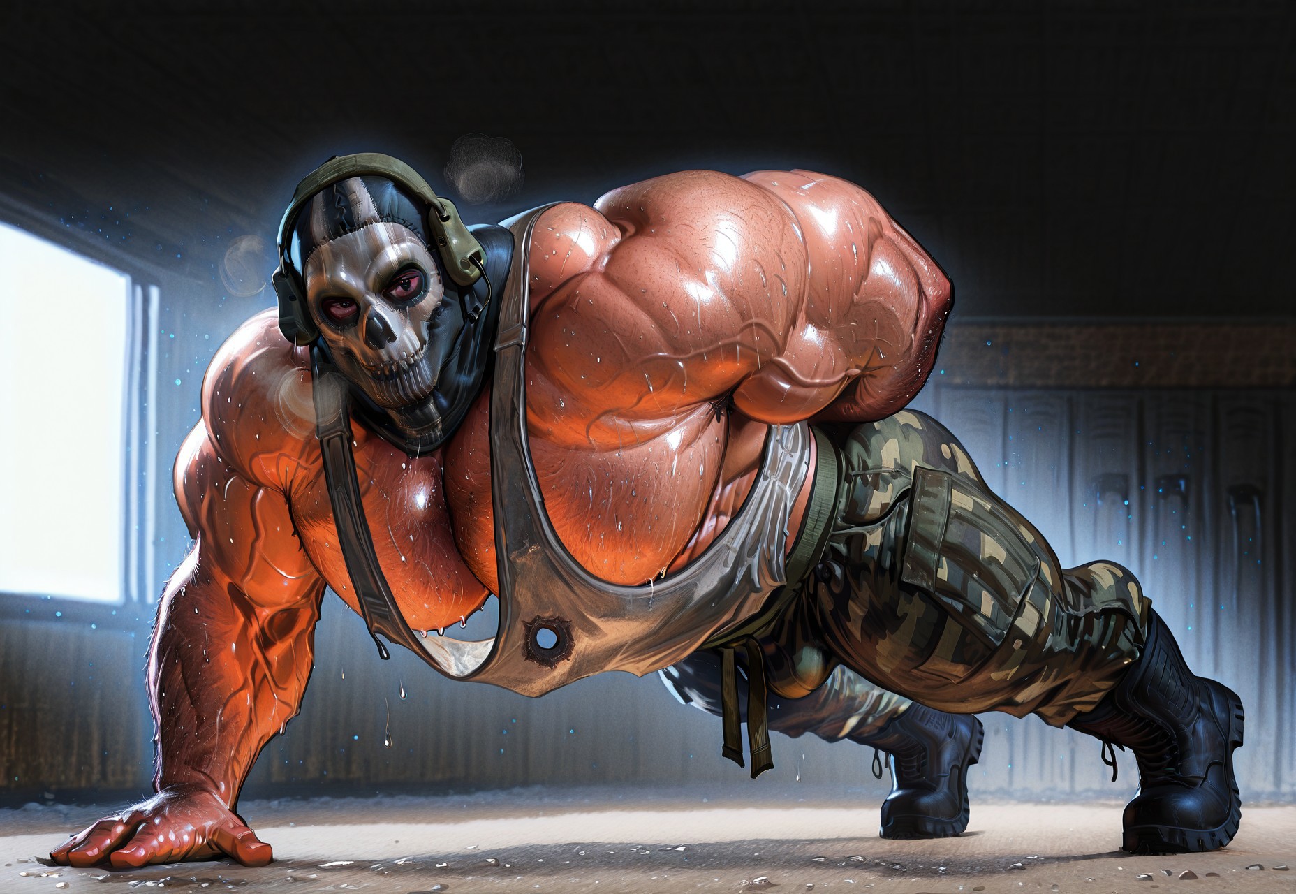 detailed, perfect anatomy, masterpiece, high quality, best quality, highres, aesthetic, solo, indoors background, military barracks, morning lighting, window, indoors, male, big man, human, simon_riley, ghost \(modern warfare 2\, military, big pecs, body hair, hairy, (one-arm push-up, pushup position, low pushup, close to ground, arms bent,) ((straight legs)), working out, sweating, heavy breathing, loose white tanktop, baggy tanktop, army pants, boots, thick muscles, male focus, muscular, big pecs, broad shoulders, thick thighs, 