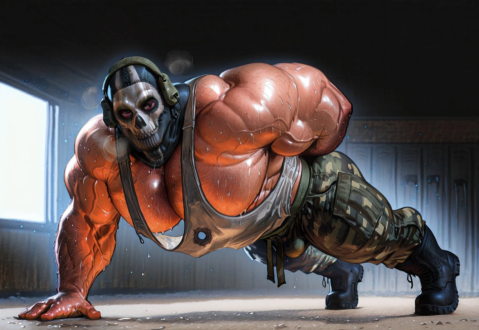 detailed, perfect anatomy, masterpiece, high quality, best quality, highres, aesthetic, solo, indoors background, military barracks, morning lighting, window, indoors, male, big man, human, simon_riley, ghost \(modern warfare 2\, military, big pecs, body hair, hairy, (one-arm push-up, pushup position, low pushup, close to ground, arms bent,) ((straight legs)), working out, sweating, heavy breathing, loose white tanktop, baggy tanktop, army pants, boots, thick muscles, male focus, muscular, big pecs, broad shoulders, thick thighs,