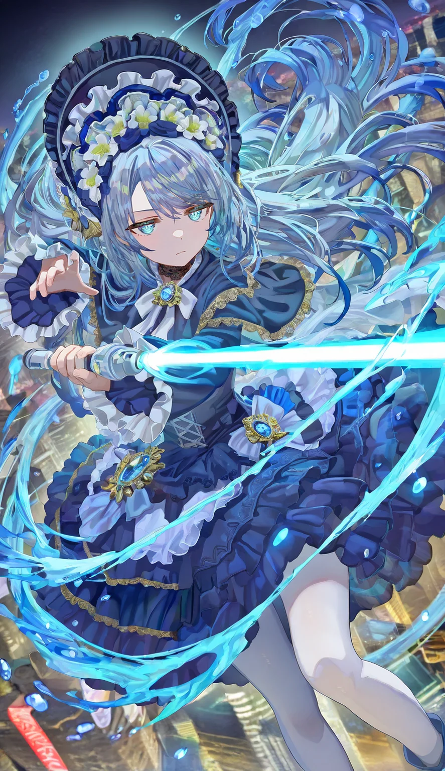 1girl,(artist:ningen_mame:0.9),(artist:sho_(sho_lwlw):0.9),artist:torino aqua,cuique,brooch,bonnet,capelet,blue hair,himecut,long hair,floating hair,swept bangs,lace choker,blue dress,blue eyes,jitome,fighting stance,magical girl,dynamic angle,wide sleeves,white pantyhose,glowing eyes,aura,lighting particles,floating,at night,in the sky,city scape,serious,casting spell,holding blue beam saber,best quality,rich details,very aesthetic,intricate details,best quality,amazing quality,very aesthetic,absurdres,<lora:Cuique-illu:0.6>,