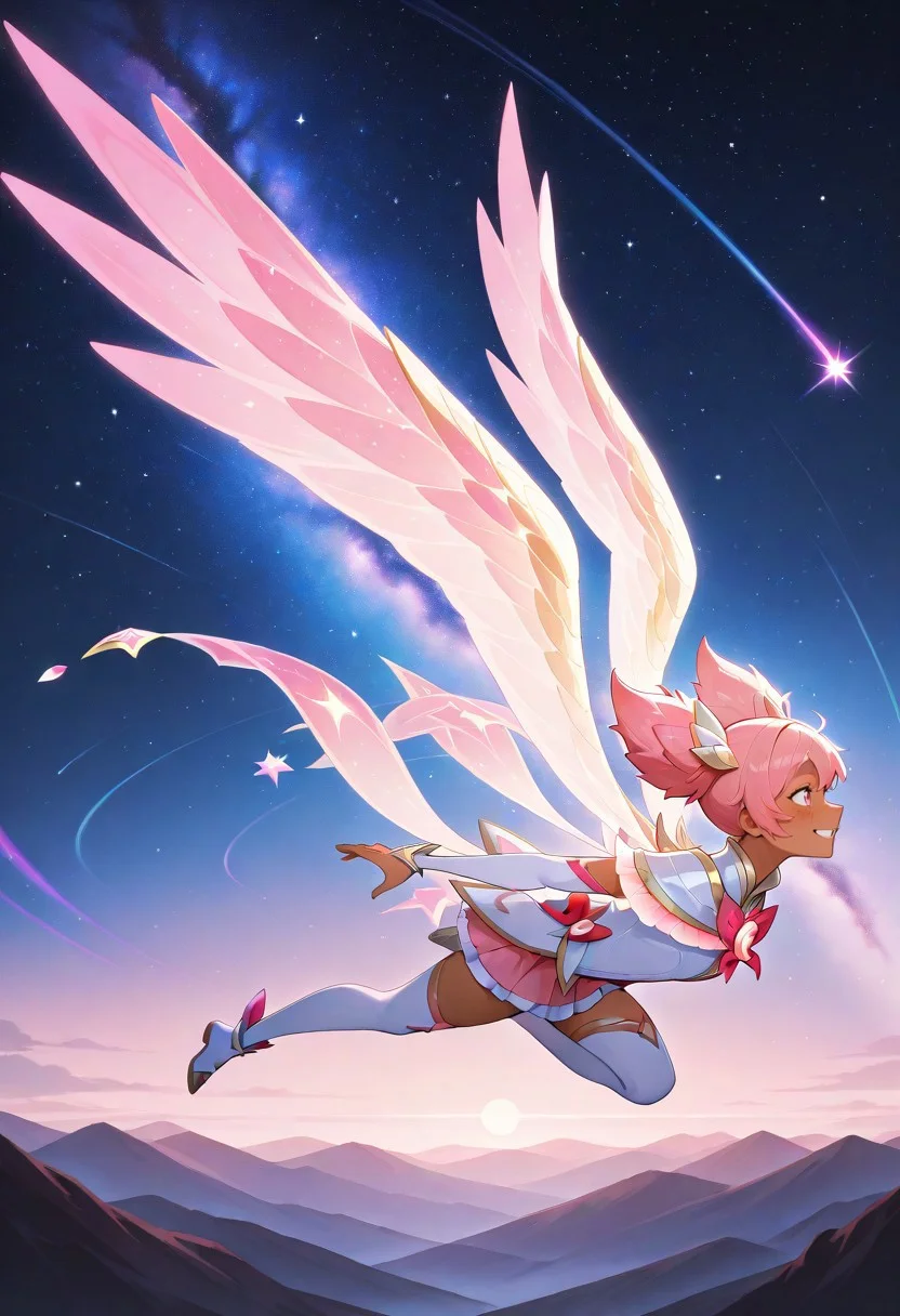 score_9, score_8_up, score_7_up, score_6_up,high quality,masterpiece,uhd,dramatic effect,cinematic effect,
SG_T4liy4h, dark skinned, pink hair, pink magical girl, bowtie, pink eyes, twin drills, ribbon, armor trim, bodysuit, freckles, hair ornament, white thighhighs, wings,
galaxy, pink trail, flying, stars, milky way, pink glow, sideview, leaning forward, Teeth, smile, airborn, laying, on belly,