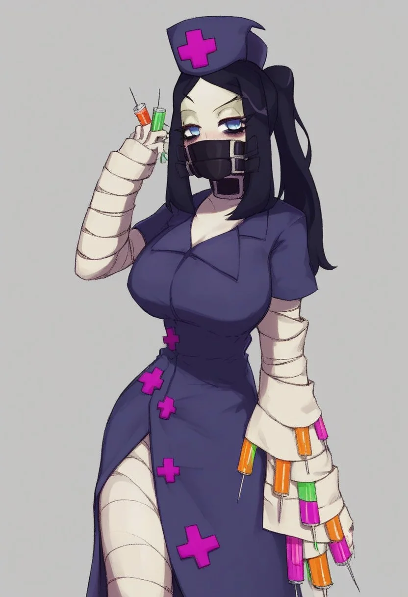 Score_9, Score_8_up, Score_7_up, 1girl, blue_eyes, hat, solo, black_hair, breasts, blush, yellow_background, looking_at_viewer, bandages, long_hair, nurse_cap, simple_background, syringe, large_breasts, huge tits, Hallow (skullgirls)