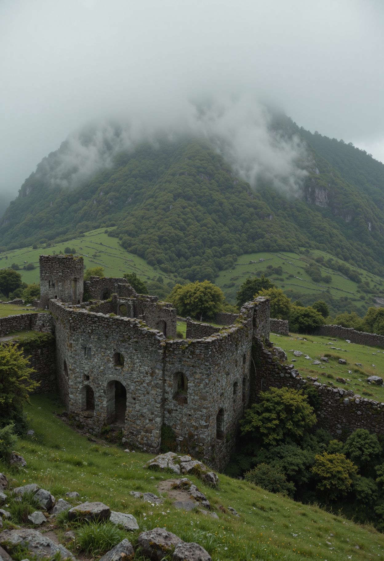 A misty morning scene, showcasing the ruins of a stone structure nestled atop a verdant hill. Low-lying fog drifts across the lush green landscape, creating an ethereal atmosphere. The stone walls are weathered and partially collapsed, hinting at age and history. The overall lighting is soft and diffused, emphasizing the moody and mysterious mood. The style should be photorealistic, with a focus on detail and depth of field. The color palette consists primarily of greens, grays, and muted browns. <lora:VividlySurrealOrigin:0.6> <lora:FluxDFaeTasticDetails:0.6> <lora:42lux-UltimateAtHome-flux-highresfix:0.25>