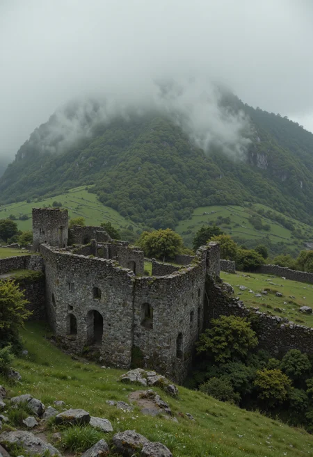 A misty morning scene, showcasing the ruins of a stone structure nestled atop a verdant hill. Low-lying fog drifts across the lush green landscape, creating an ethereal atmosphere. The stone walls are weathered and partially collapsed, hinting at age and history. The overall lighting is soft and diffused, emphasizing the moody and mysterious mood. The style should be photorealistic, with a focus on detail and depth of field. The color palette consists primarily of greens, grays, and muted browns. <lora:VividlySurrealOrigin:0.6> <lora:FluxDFaeTasticDetails:0.6> <lora:42lux-UltimateAtHome-flux-highresfix:0.25>