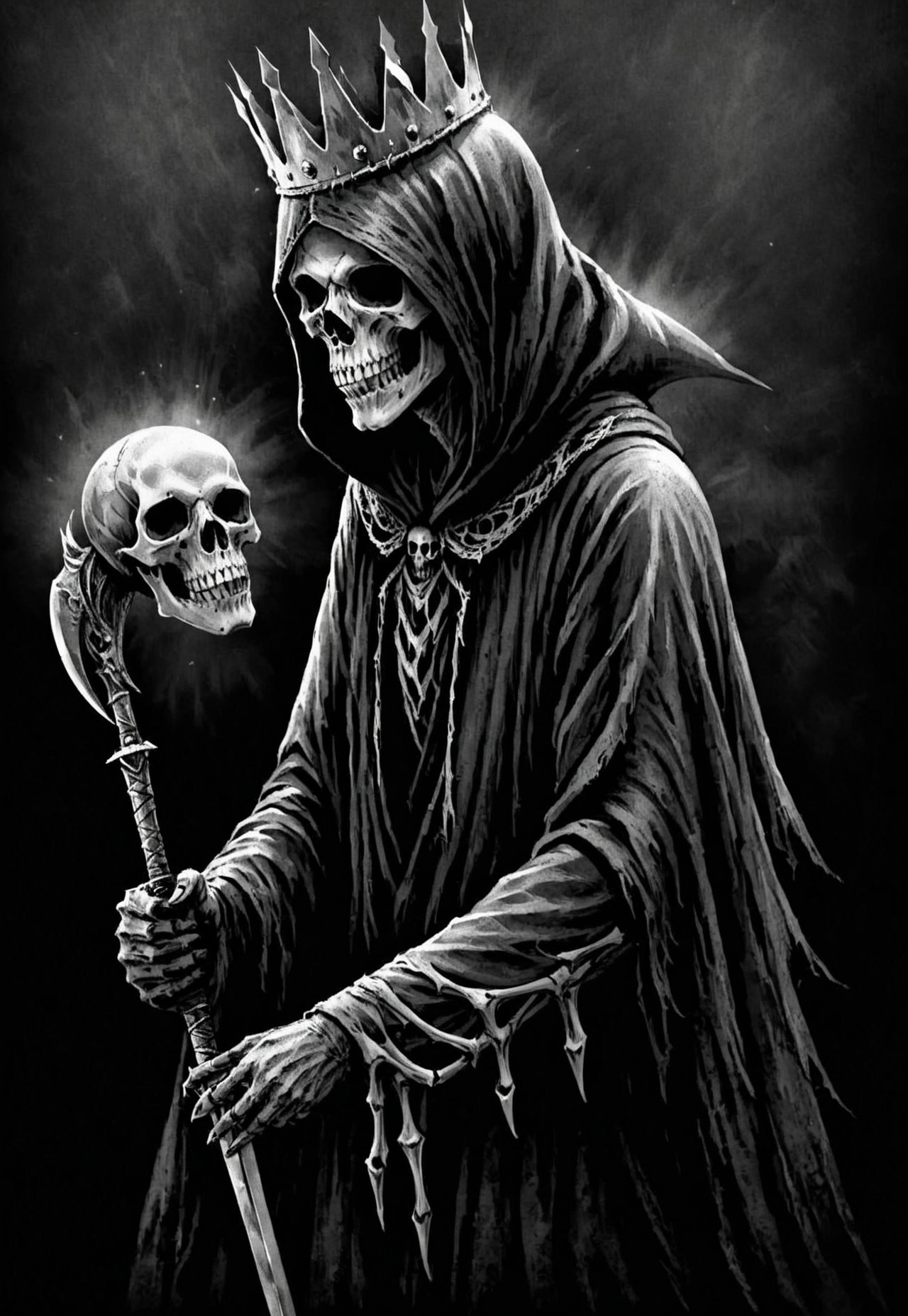 UHD, 4k, ultra detailed, cinematic, a photograph of  
Grim Reaper a person in a hoodie with a skull on his face, wearing a crown, king crown, holding a sword madeup of bones, horror movie themed, sharp, detailed, epic photography, artistic, creative, dramatic light, cinematic style, film style, Grim Reaper style, solo, simple background, 1boy, monochrome, greyscale, male focus, teeth, hood, from side, profile, mask, black background, hood up, upper body, skull mask
, epic, beautiful lighting, inpsiring, king, crown