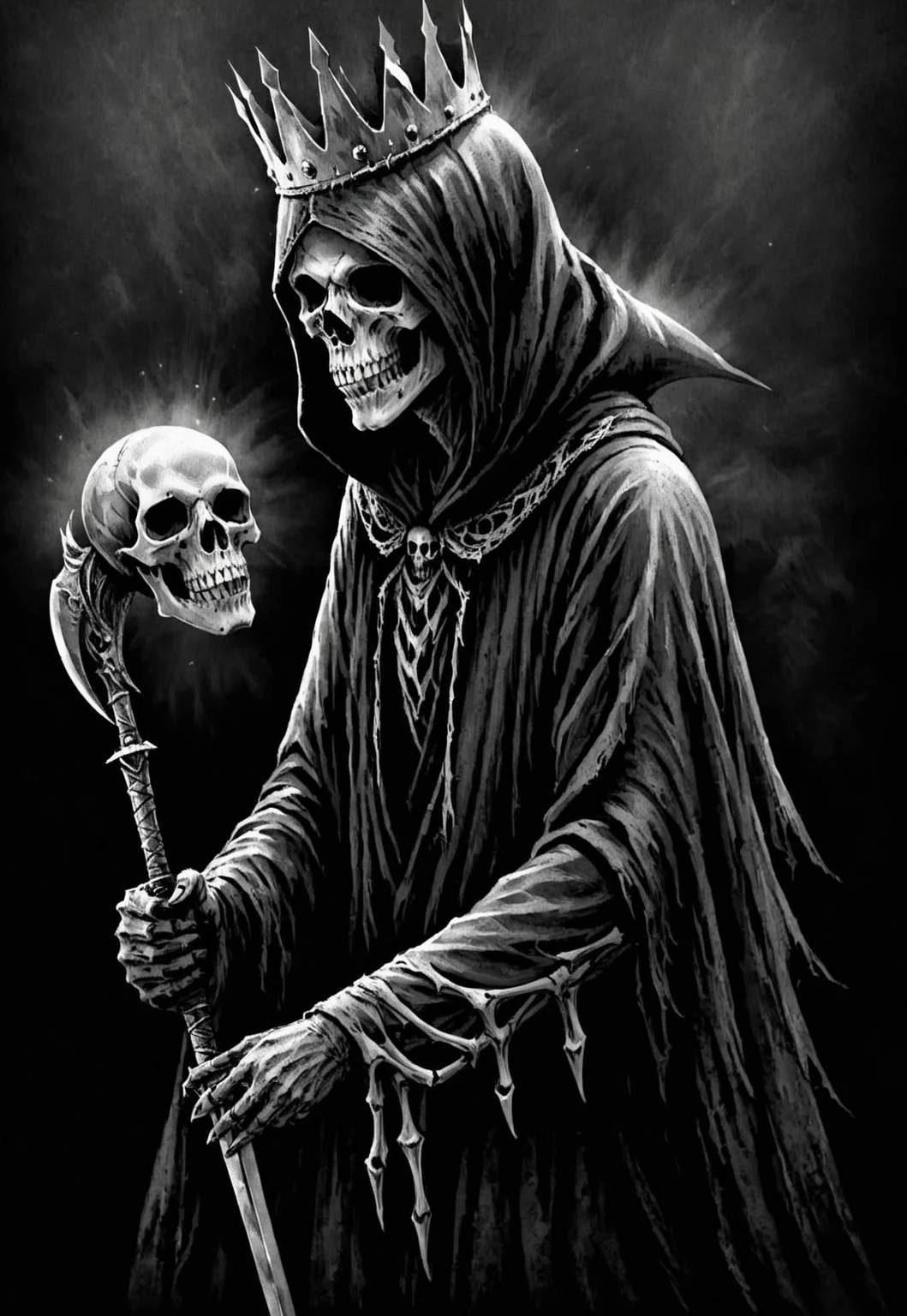 UHD, 4k, ultra detailed, cinematic, a photograph of
Grim Reaper a person in a hoodie with a skull on his face, wearing a crown, king crown, holding a sword madeup of bones, horror movie themed, sharp, detailed, epic photography, artistic, creative, dramatic light, cinematic style, film style, Grim Reaper style, solo, simple background, 1boy, monochrome, greyscale, male focus, teeth, hood, from side, profile, mask, black background, hood up, upper body, skull mask
, epic, beautiful lighting, inpsiring, king, crown