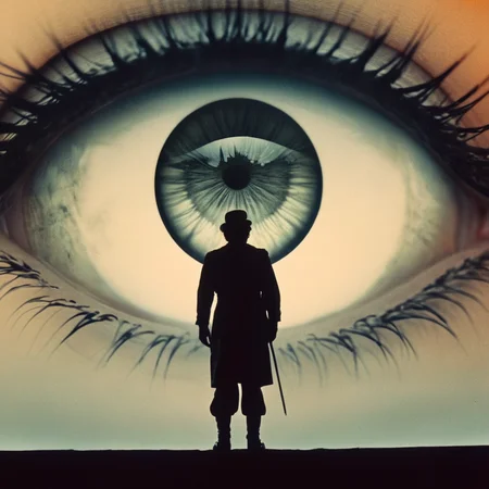 cinematic film still of <lora:perfection style:0.5> <lora:detailed:0.5> perfection detailed
<lora:Clockwork Orange film style:0.9>
In a futuristic dystopian Britain a sci fi surrealism poster with a picture of a person standing in front of a giant eye,standing,shadow,silhouette , cinematic, film, kodak, Clockwork Orange film style, shallow depth of field, vignette, highly detailed, high budget, bokeh, cinemascope, moody, epic, gorgeous, film grain, grainy