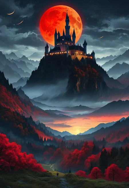 A captivating night scene illustration featuring a forboding and haunted castle on a great  great mountain. The castle and mountain are much like Neuschwanstein Castle in Bavaria.  This enchanting artwork captures a dark and ominous night, where an ominous red bloodmoon hangs above  over the  tree covered mountain range and castle which  stands resolute amidst the great mountains, winged flying creatures flying around, creating a cinematic experience., illustration, cinematic
<lora:DonM3t3rn1tyXL-v1.1:0.7>, DonM3t3rn1tyXL,
OverallDetailXL  <lora:MJ52:0.3>  <lora:SDXLFaeTastic2400:0.4>  <lora:EpicF4nta5yXL:0.7>