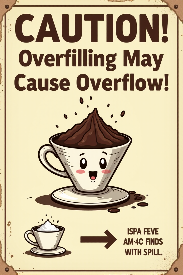 "Visualize a vintage safety sign featuring a cartoon coffee filter overflowing with coffee grounds, resembling a tiny volcano erupting. A surprised cartoon face is peeking out from behind a nearby sugar dispenser. The sign reads in bold, slightly shaky brown lettering on a cream background: 'CAUTION! Overfilling May Cause Overflow!' Below, a simple illustration shows the correct level of coffee grounds in a filter. The cartoon style should be slightly whimsical and cautionary, like an illustration from an old pamphlet. Include small details like drips of coffee around the overflowing filter. 8k resolution, vintage whimsical cartoon style, warning against a common mistake in coffee brewing that could lead to spills."  <lora:REMEs_War_Poster_Style:0.95> In REME's War Poster Style,âââ