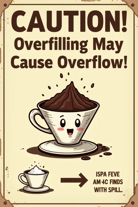 "Visualize a vintage safety sign featuring a cartoon coffee filter overflowing with coffee grounds, resembling a tiny volcano erupting. A surprised cartoon face is peeking out from behind a nearby sugar dispenser. The sign reads in bold, slightly shaky brown lettering on a cream background: 'CAUTION! Overfilling May Cause Overflow!' Below, a simple illustration shows the correct level of coffee grounds in a filter. The cartoon style should be slightly whimsical and cautionary, like an illustration from an old pamphlet. Include small details like drips of coffee around the overflowing filter. 8k resolution, vintage whimsical cartoon style, warning against a common mistake in coffee brewing that could lead to spills." <lora:REMEs_War_Poster_Style:0.95> In REME's War Poster Style,âââ