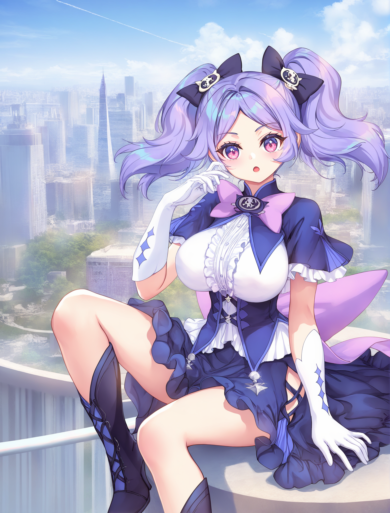 1girl,Lanmei haoxiongdi,<lora:lanmeinoob-000014:1>,
(artist:atdan:0.9),(artist:torino_aqua:0.8),(artist:izumi_tsubasu:0.9),(artist:kedama_milk:1.05),(artist:nardack:0.75),(artist:ke-ta:0.95),(artist:toosaka_asagi:0.7),(artist:sho_(sho_lwlw):0.8),(artist:as109:0.8),twintails,purple hair,pink eyes,solo,perfect face,bedutiful eyes,magical girl,bow,gloves,white gloves,boots,purple bow,dress,skull hair ornament,looking at viewer,hair ornament,large breasts,black bow,black footwear,hair bow,heart,dress,sitting,
day,looking at viewer,open mouth,outdoors,sky,city,
newest,masterpiece,best quality,highres,absurdres,