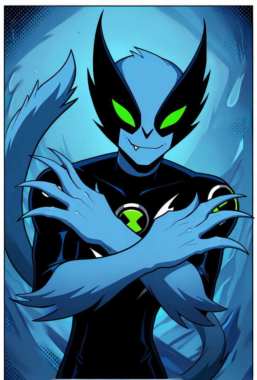 <lora:fastrack-10:1> fastrack, solo, blue skin, green eyes, black bodysuit, claws, green badge, fang, smile, blue background, feline tail, facing viewer, pose,  wide jaw, masculine,, masterpiece, best quality, amazing quality, very aesthetic, absurdres, newest,, upper body, halftone effect, white borders, abstract background:1.2,