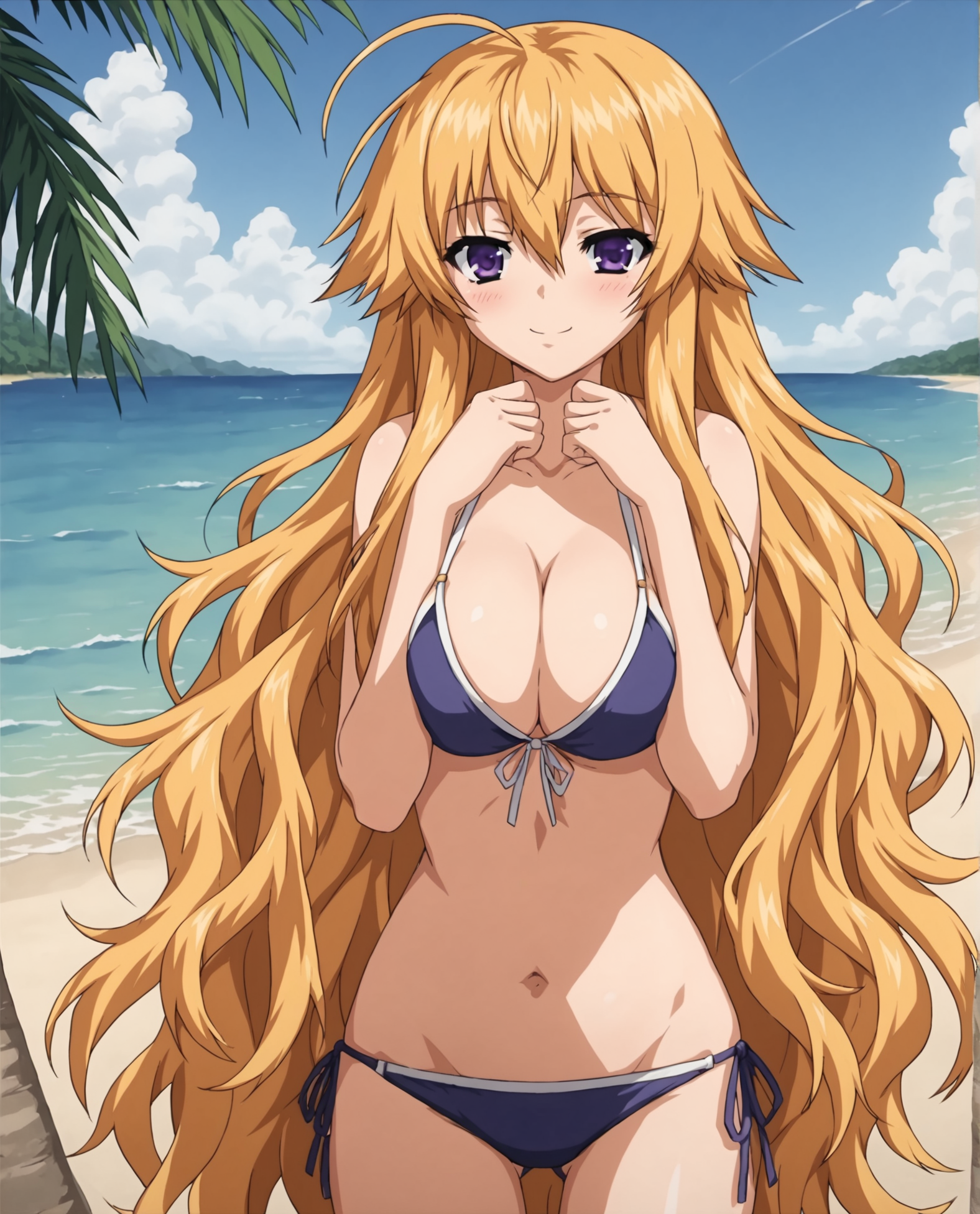 score_9, score_8_up, score_7_up, source_anime BREAK 1girl, blonde hair, purple eyes, very long hair, breasts, cleavage, bikini, looking at viewer, blush, smile, cowboy shot, hair between eyes, ahoge, thigh gap, navel, beach, side-tie, <lora:Reina_ICan_for_Pony:1>, arms pushing breasts together, rating_questionable
