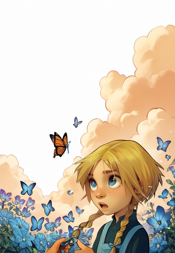 score_9, score_8_up, score_7_up, solo focus, solo, 1girl, Elyon-Escanor, blonde, twin braids, tending garden, blue eyes, butterflies, blue sky, clouds, <lora:Hoshino:1>  <lora:PerfectEyesXL:.5>  <lora:Sinfully_Stylish_dramitic_bold_lighting:.7> <lora:W.I.T.C.H._Elyon_Escanor:1>
