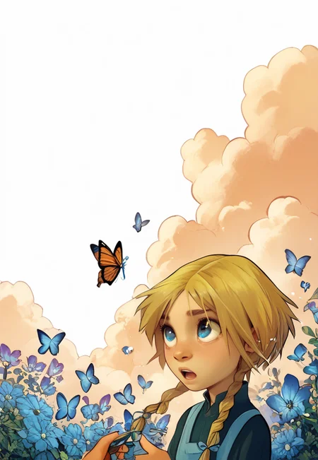 score_9, score_8_up, score_7_up, solo focus, solo, 1girl, Elyon-Escanor, blonde, twin braids, tending garden, blue eyes, butterflies, blue sky, clouds, <lora:Hoshino:1> <lora:PerfectEyesXL:.5> <lora:Sinfully_Stylish_dramitic_bold_lighting:.7> <lora:W.I.T.C.H._Elyon_Escanor:1>