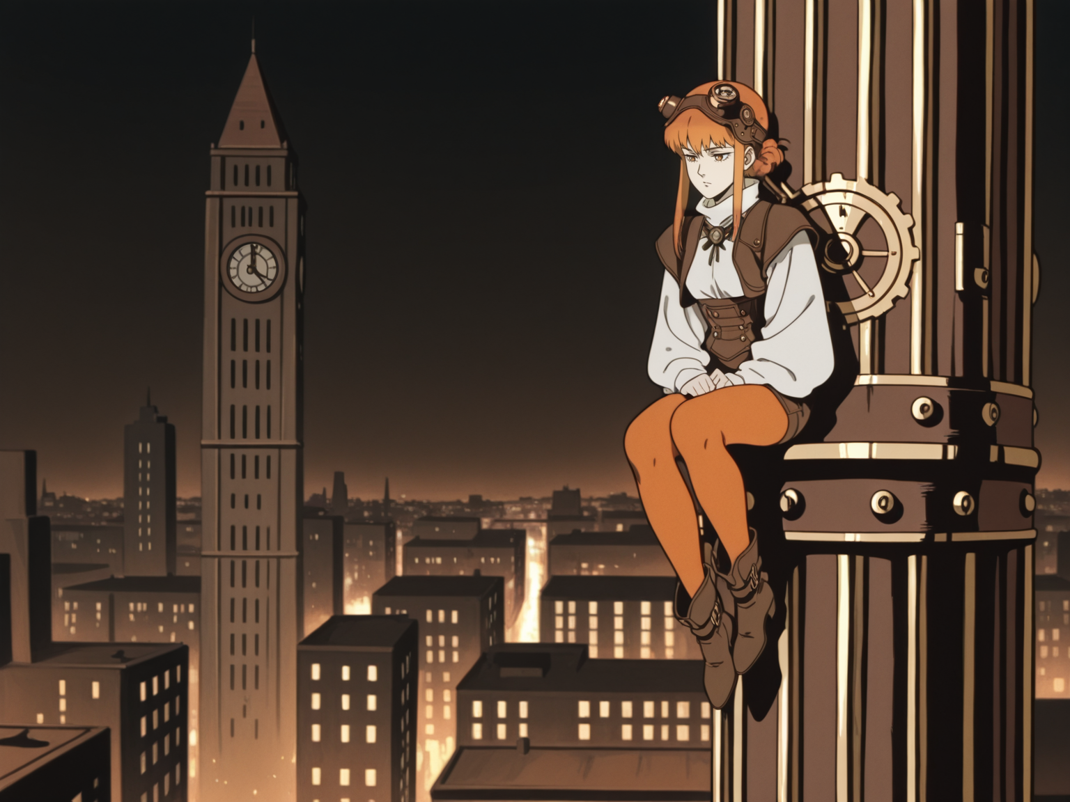 1girl, boots, orange pantyhose, long sleeves, pantyhose, Steampunk cityscape with clockwork towers and magical technology, sitting,
, animation artstyle, <lora:ScrollDIL:0.8>, masterpiece, best quality, amazing quality, flat colors