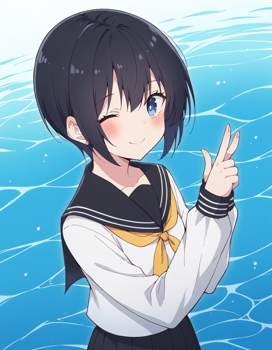 score_9, score_8_up, score_7_up, source_anime, <lora:dimensionalseduction-nonoa-s1-ponyxl-lora-nochekaiser_r1:1>, nonoa, short hair, blue eyes, black hair, mature female,, skirt, shirt, long sleeves, school uniform, pleated skirt, serafuku, black skirt, sailor collar, neckerchief, black sailor collar, yellow neckerchief,, pool, water, swim, float, poolside, , <lora:double-finger-gun-ponyxl-lora-nochekaiser:1>, double finger gun,, blush, smile, one eye closed, from side, looking at viewer, solo,, dutch angle, cowboy shot