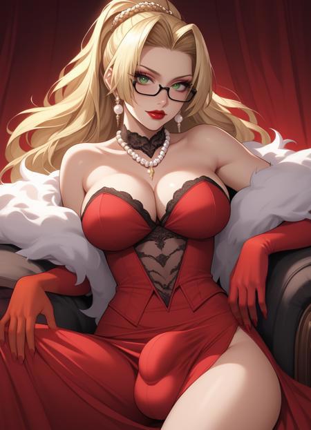 manhwastyle, 1girl, breasts, gloves, solo, jewelry, large breasts, cleavage, (black glasses:1.15), side slit, blonde hair, single hair bun, red gloves, earrings, elbow gloves, bare shoulders, looking at viewer, green eyes, black-framed eyewear, pearl necklace, lipstick, strapless, red strapless dress, makeup, (white fluffy boa:1.5), futanari bulge, large bulge <lora:Female_ManhwaStylev2:1>, <lora:Penis Bulge Slider_alpha1.0_rank4_noxattn_last:5>