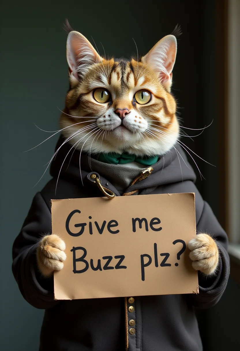 55 cats raised and cared for in an NGO, lots of fun and beauty, Beautiful and enchanted cats, A magnificent magic of a cat father's cat, holding a sign, Give me Buzz plz?