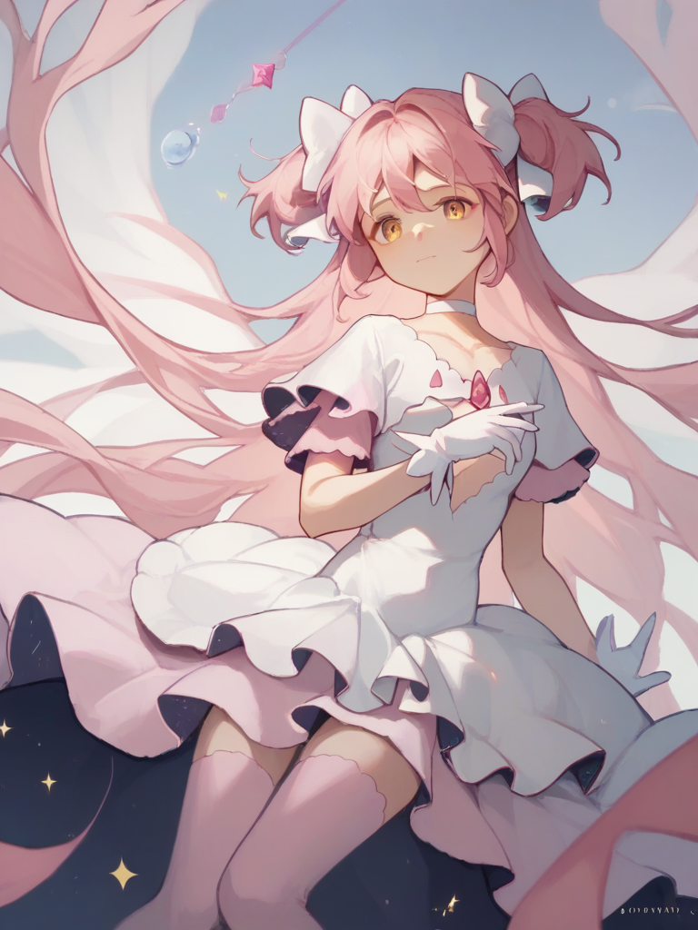 score_9,score_8_up,score_7_up,  <lora:ultimate_madoka:1>ï¼ultimate madoka, hair bow, white dress, white bow, pink thighhighs, long dress, pink dress, bubble skirt, white gloves, white choker, dot nose, sparkle, soul gem, starry sky print, star (sky), pink gemstone,