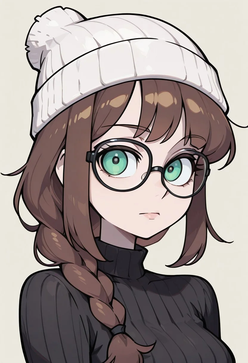 {{masterpiece,best quality,amazing quality,absurdres}}, {{flat shading, cel shading}}, 
BREAK
1girl, solo, simple background, portrait, upper body, looking at viewer, brown hair, bangs, single braid, white beanie, black glasses, green eyes, black sweater, turtleneck, ribbed sweater, expressionless