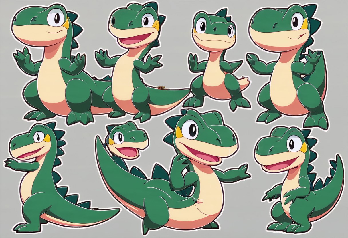 super dynamic character poses, random poses and angles, striking a pose for the camera, striking a pose, looking at viewer, happy, joyful, unconventional, cartoony, nintendo, disney, dinosaur, t-rex, Booger_DinoSML, 1girl, black eyes, no humans, greenish aqua skin, beige belly, beige scales, dinosaur, short, pokemon (creature), scales on back, slim, slender